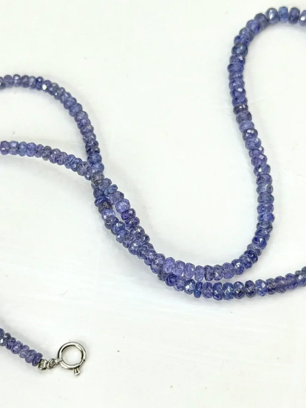 Natural Tanzanite Faceted Bead Necklace 18K White Gold 16.5